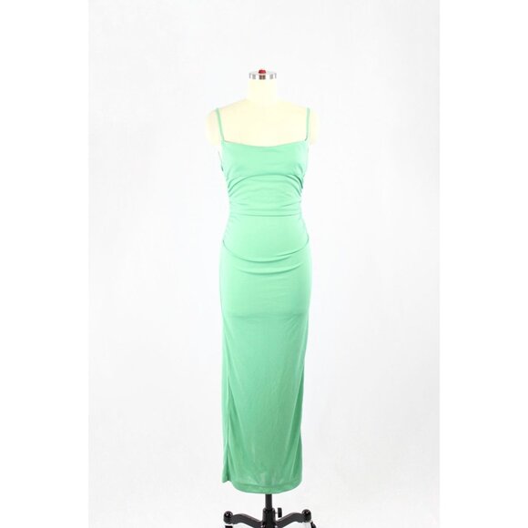 ZARA Green Jersey Ruched Square Neck Open Back Tie Maxi Dress, Size S - Picture 1 of 15